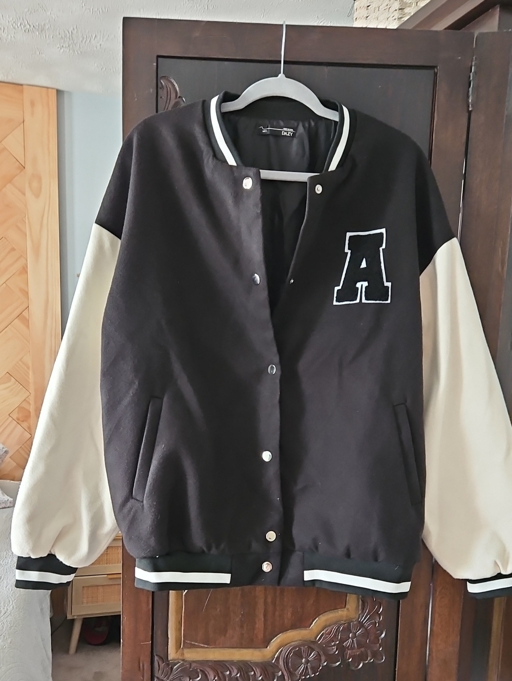 Unbranded Black and Cream Letterman Varsity Jacket with A Patch
